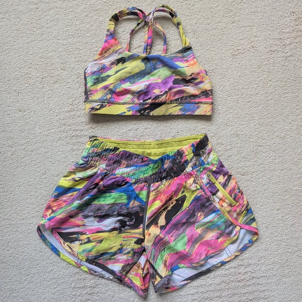 SET Lululemon Catalyst Multi Energy Bra + 4" Tracker shorts Womens 6 Run Rainbow